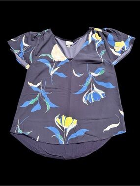 A New Day Navy Blue Yellow Floral V-Neck Woven Flutter Sleeve Ruffle Blouse M
